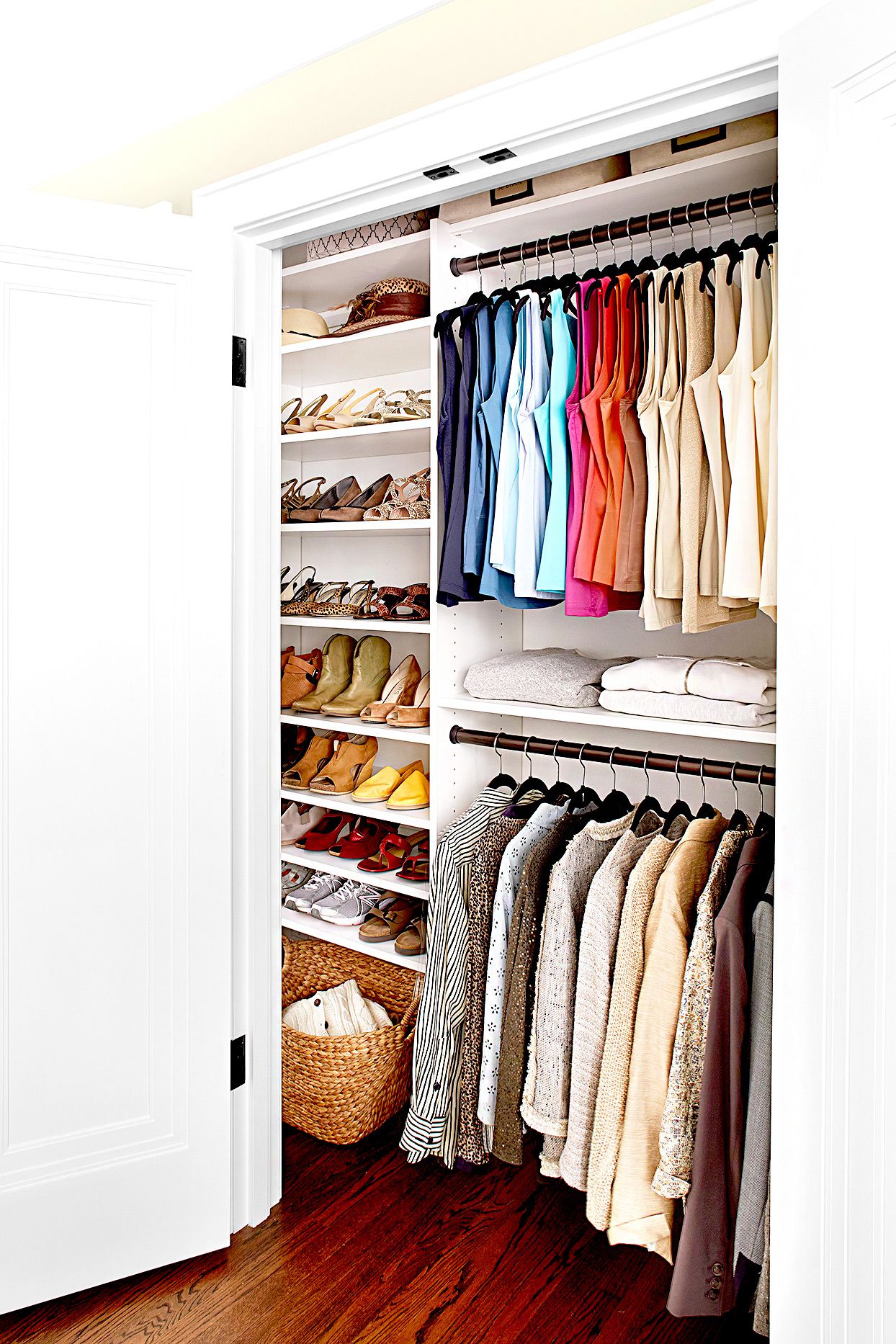 Organized closet with jackets, shirts, and shoes