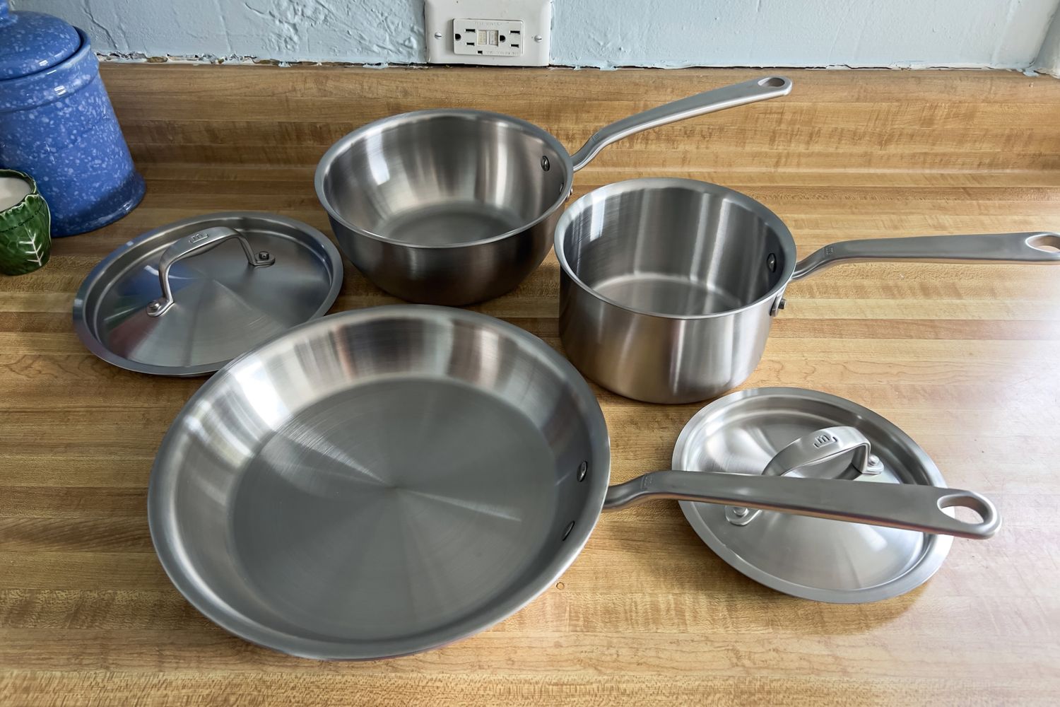 The Made In Small Spaces 3 Piece Cookware Set with lids on a kitchen countertop