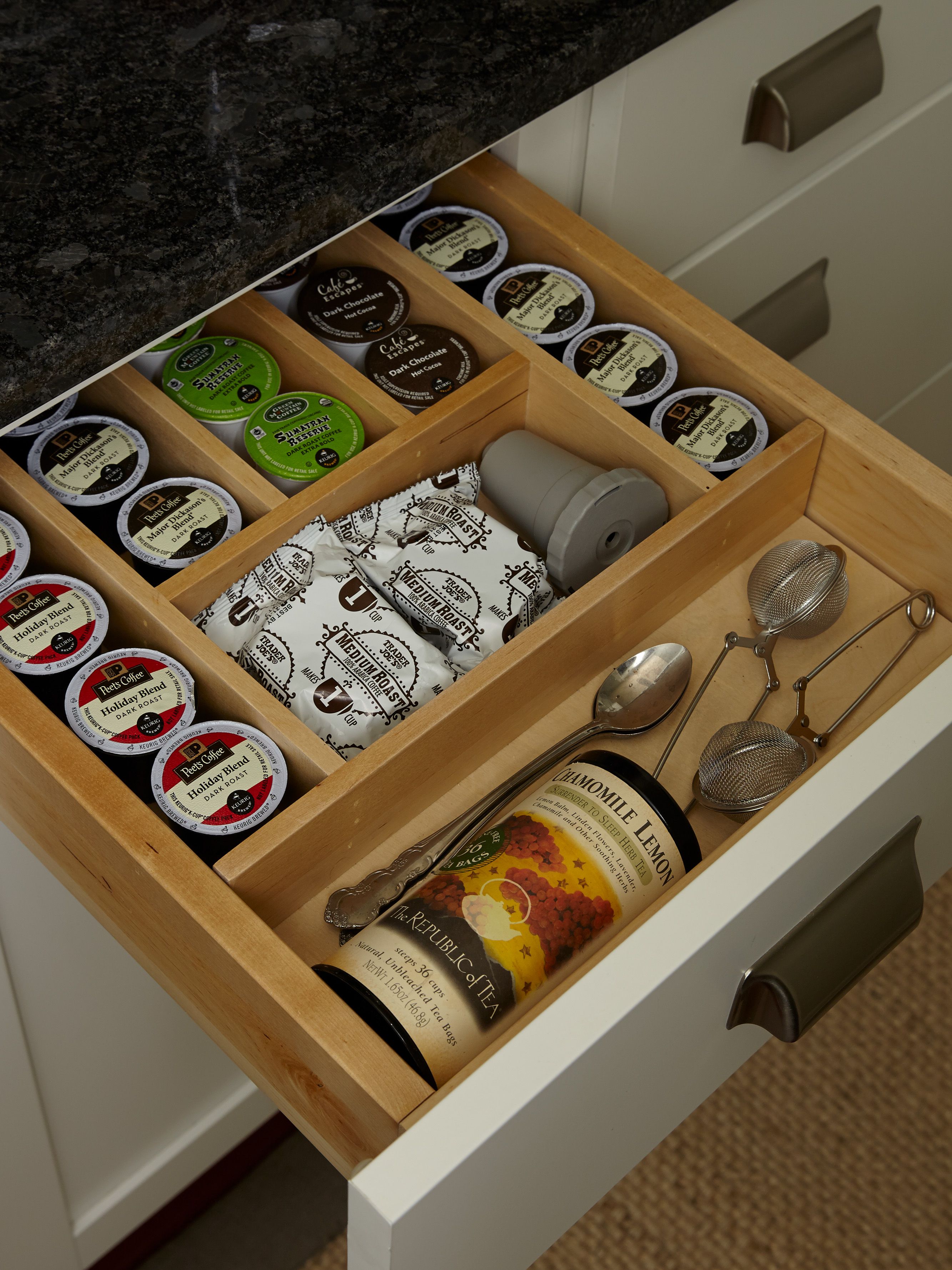 drink drawer with coffee and tea supplies