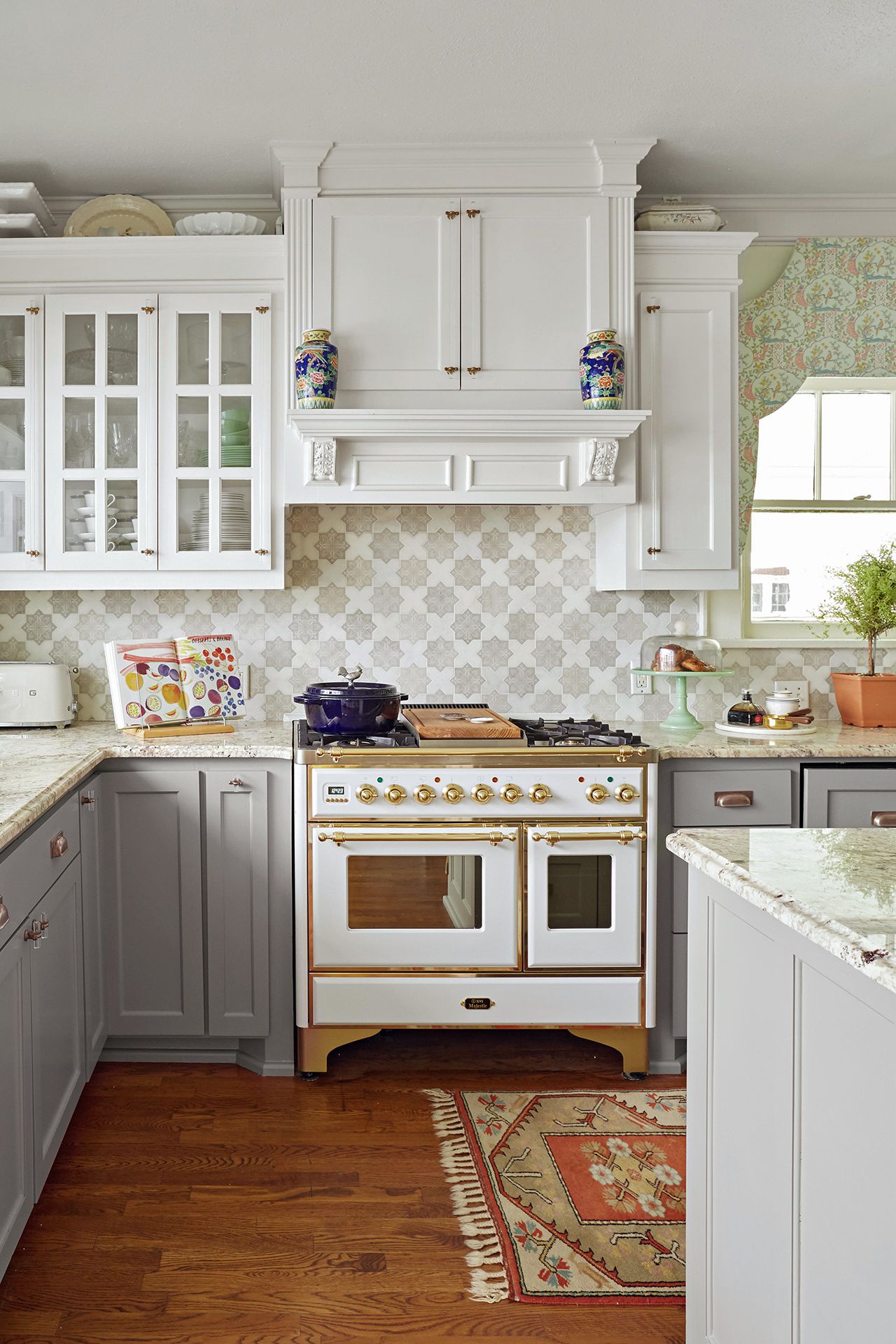 white and green kitchen with vintage range