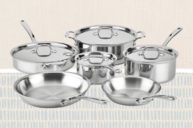 collage of the All-Clad Stainless Steel 10-Piece Set on a patterned background