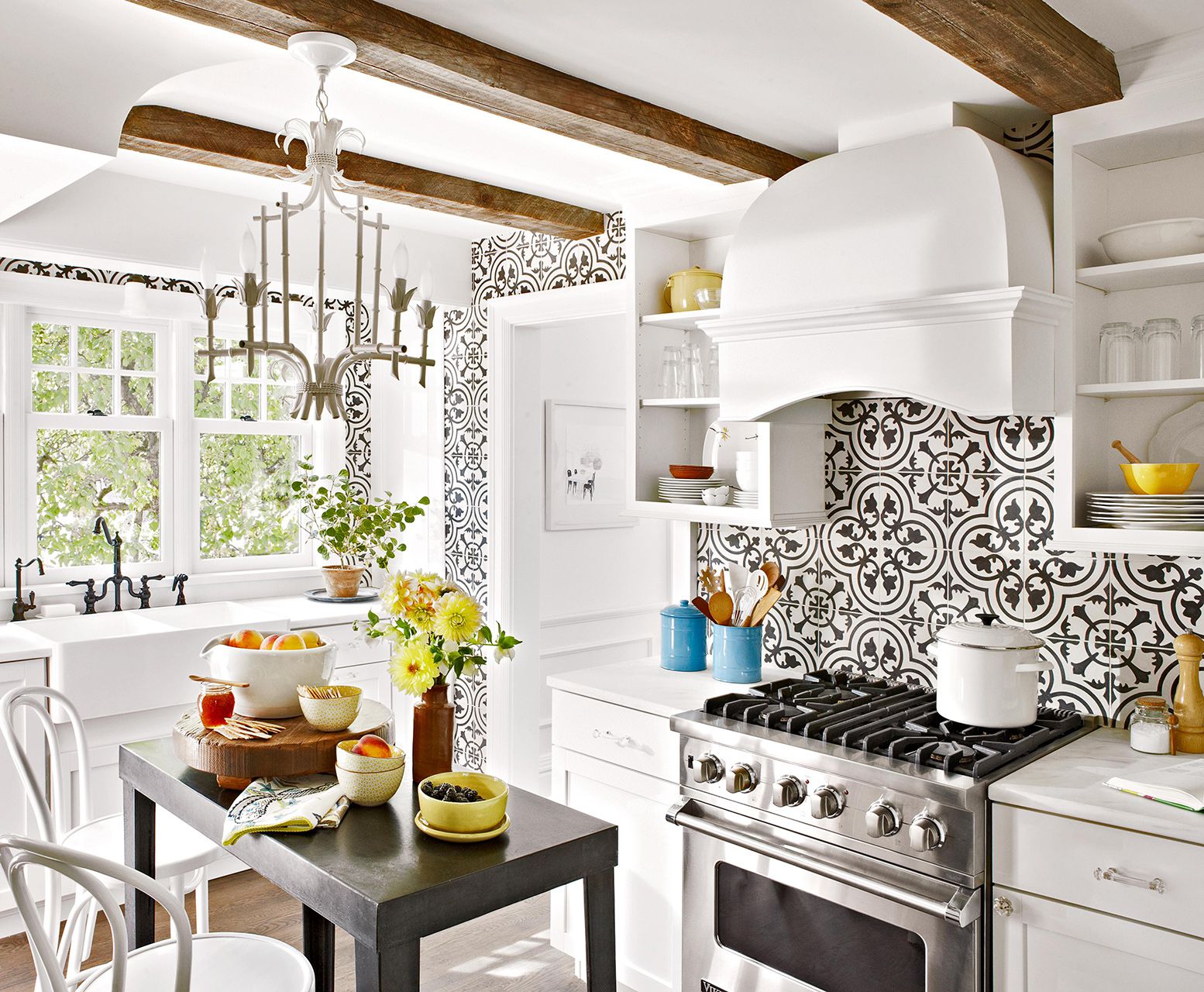 kitchen striking black white patterned tile