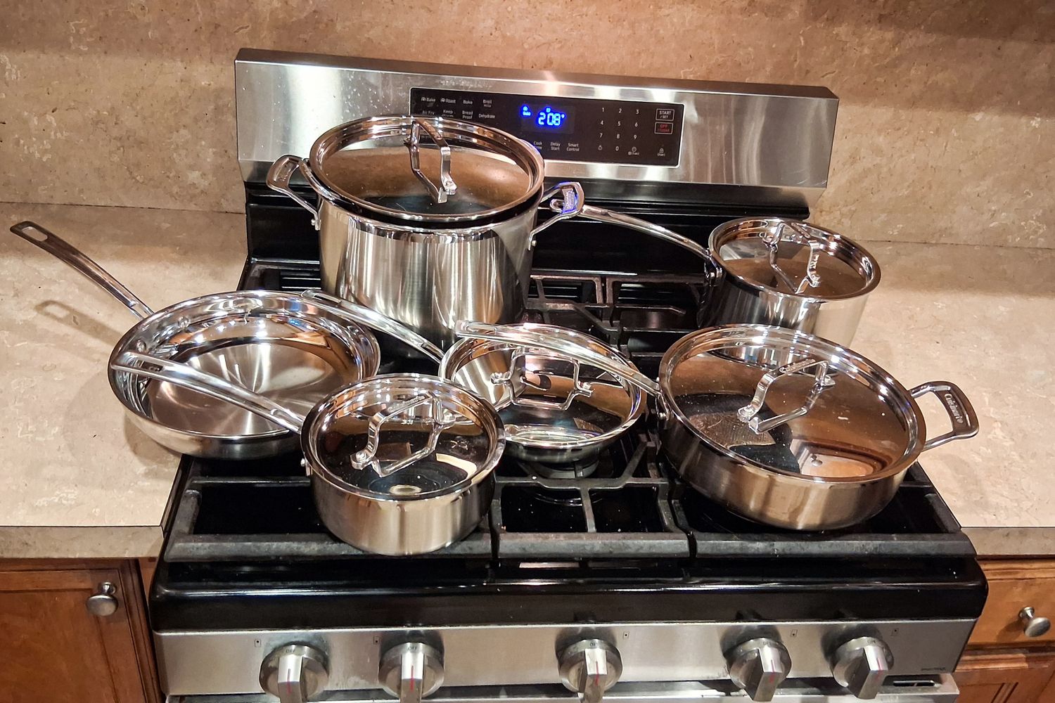 The Cuisinart MultiClad Pro 12 Piece Stainless Cookware Set on a stovetop
