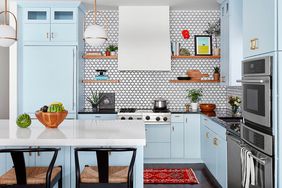 simple modern blue kitchen stove island
