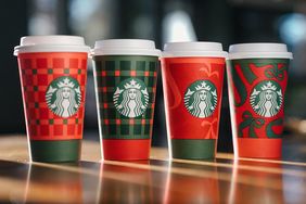 four red and green patterned starbucks cups 