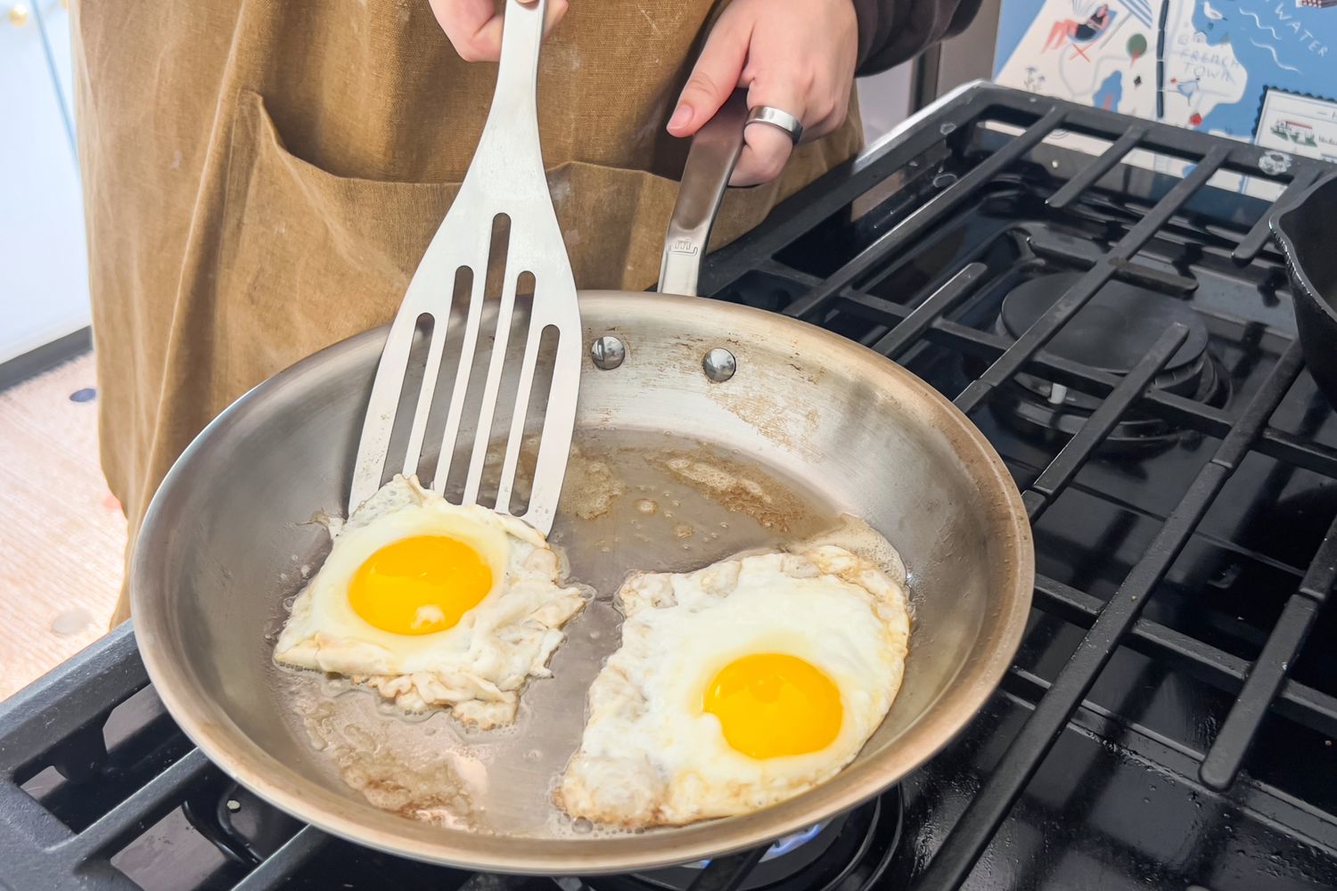 Eggs are cooked in the Made In Small Spaces 3 Piece Cookware Set pan