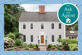 Exterior of home with a blue swirly Ask an Agent treatment over it