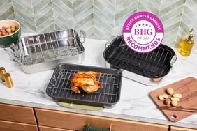 Three different roasting pans we recommend on a kitchen counter