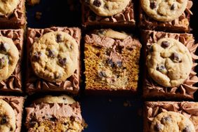 Cookie dough pumpkin cake cut into squares