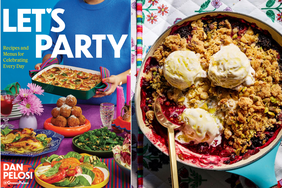 dan pelosi's cookbook 'let's party' on the left; his berry crisp with ice cream scoops on the right