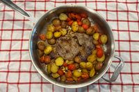 Meat and vegetables cooked in the All-Clad D3 3-Ply Stainless Steel Cookware Set pan