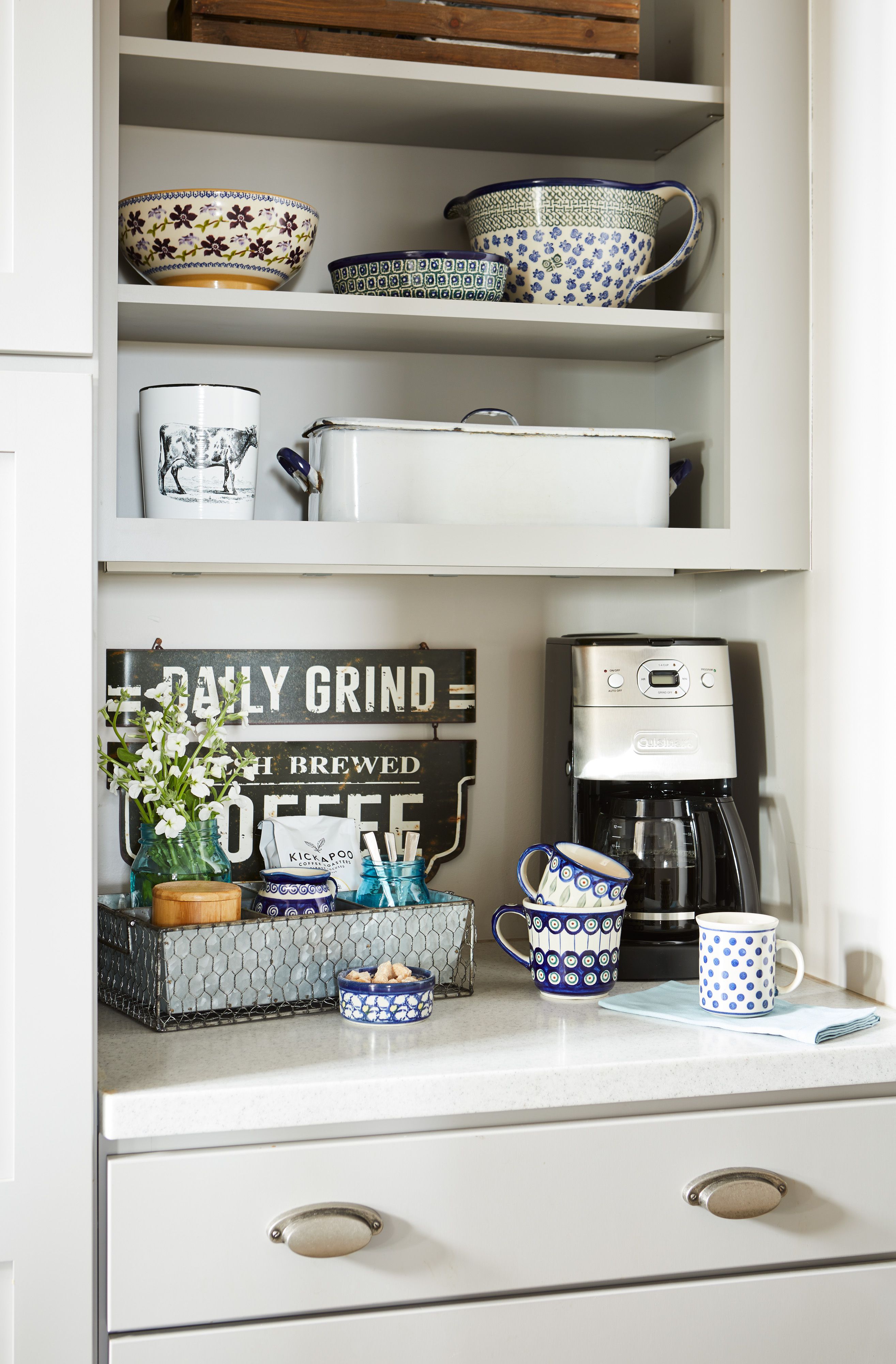 gray kitchen coffee station