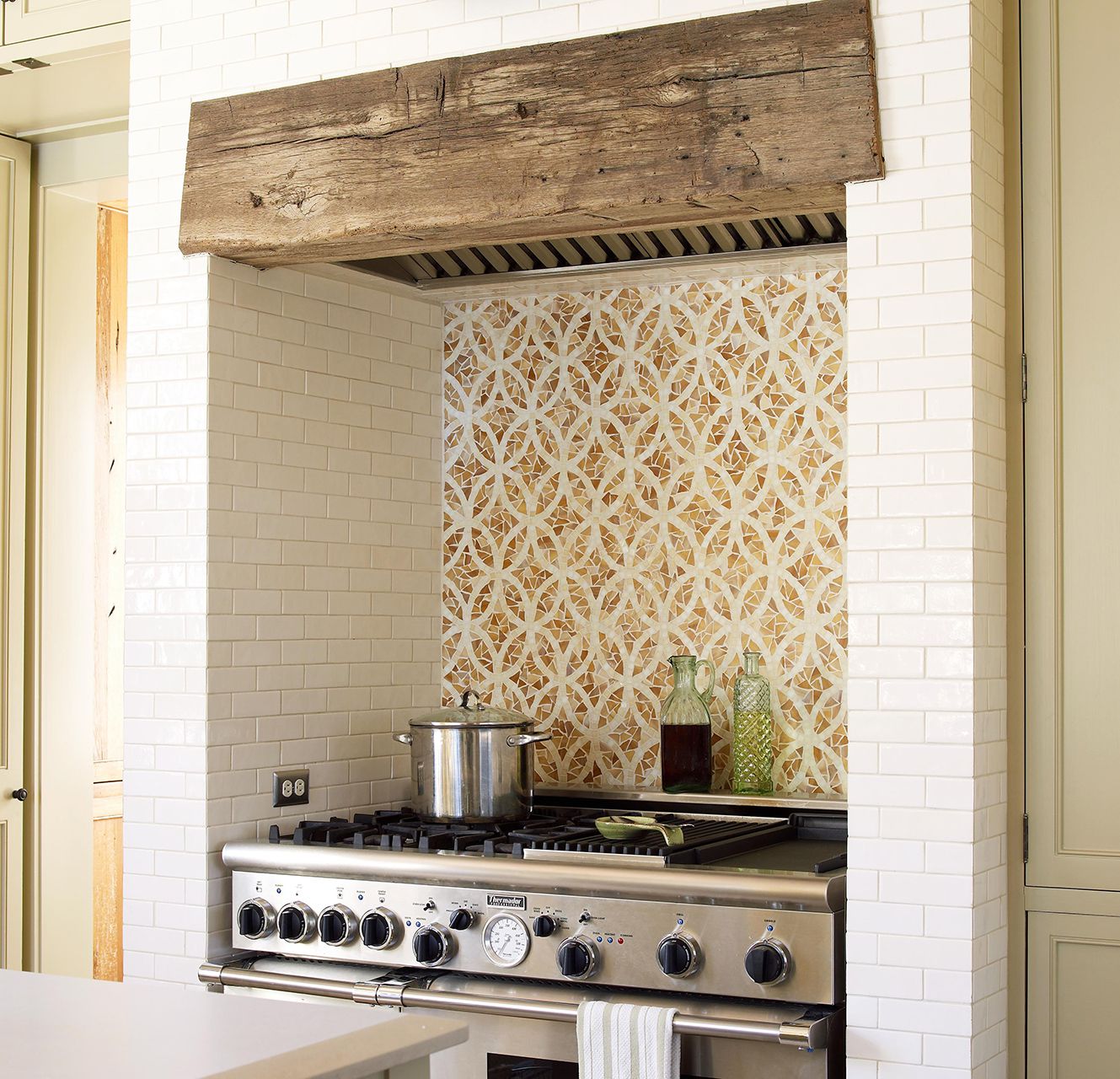 range niche tile backsplash reclaimed wood