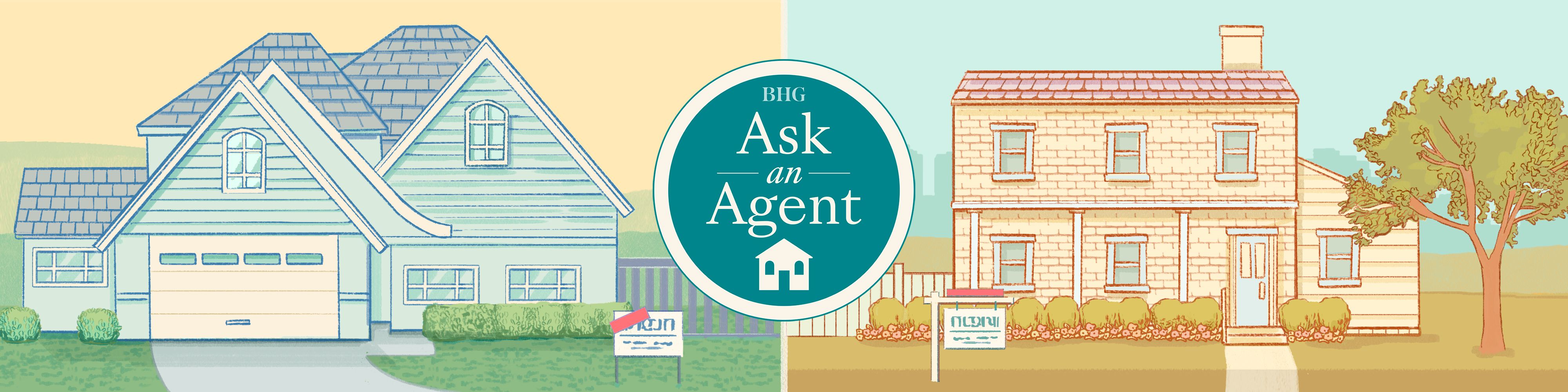 Two illustrated houses with for sale signs out front