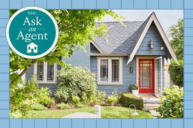 Ask an Agent image treatment with logo and blue house blue grid recirc