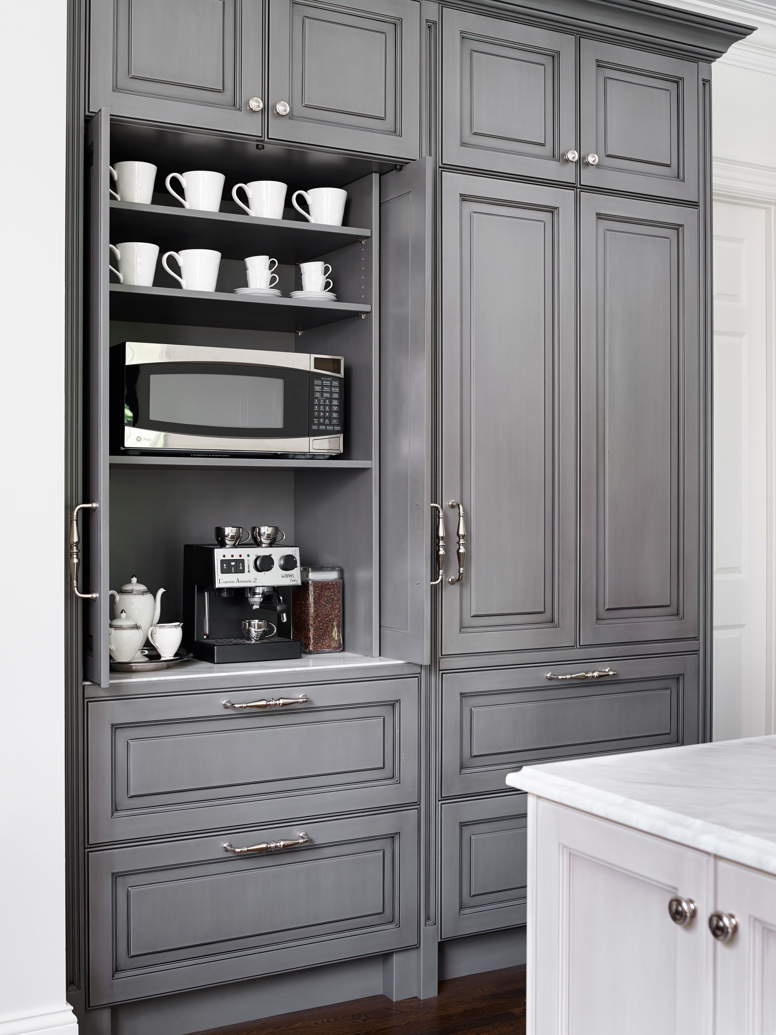 coffee station in gray kitchen
