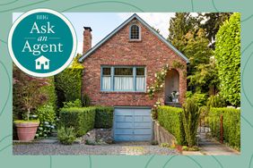 Ask an Agent exterior home image treatment with logo and green swirly background