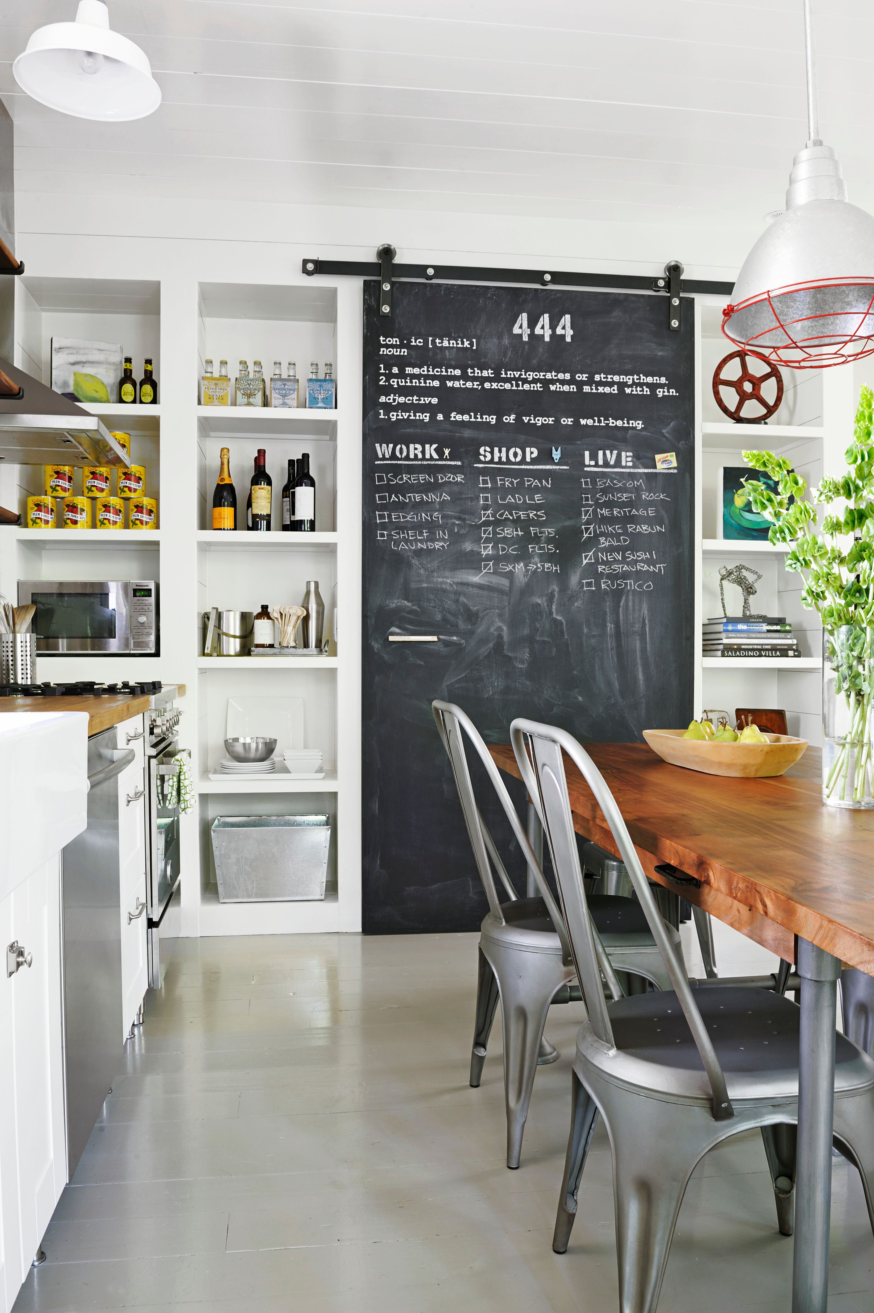 kitchen with chalkboard sliding barn door