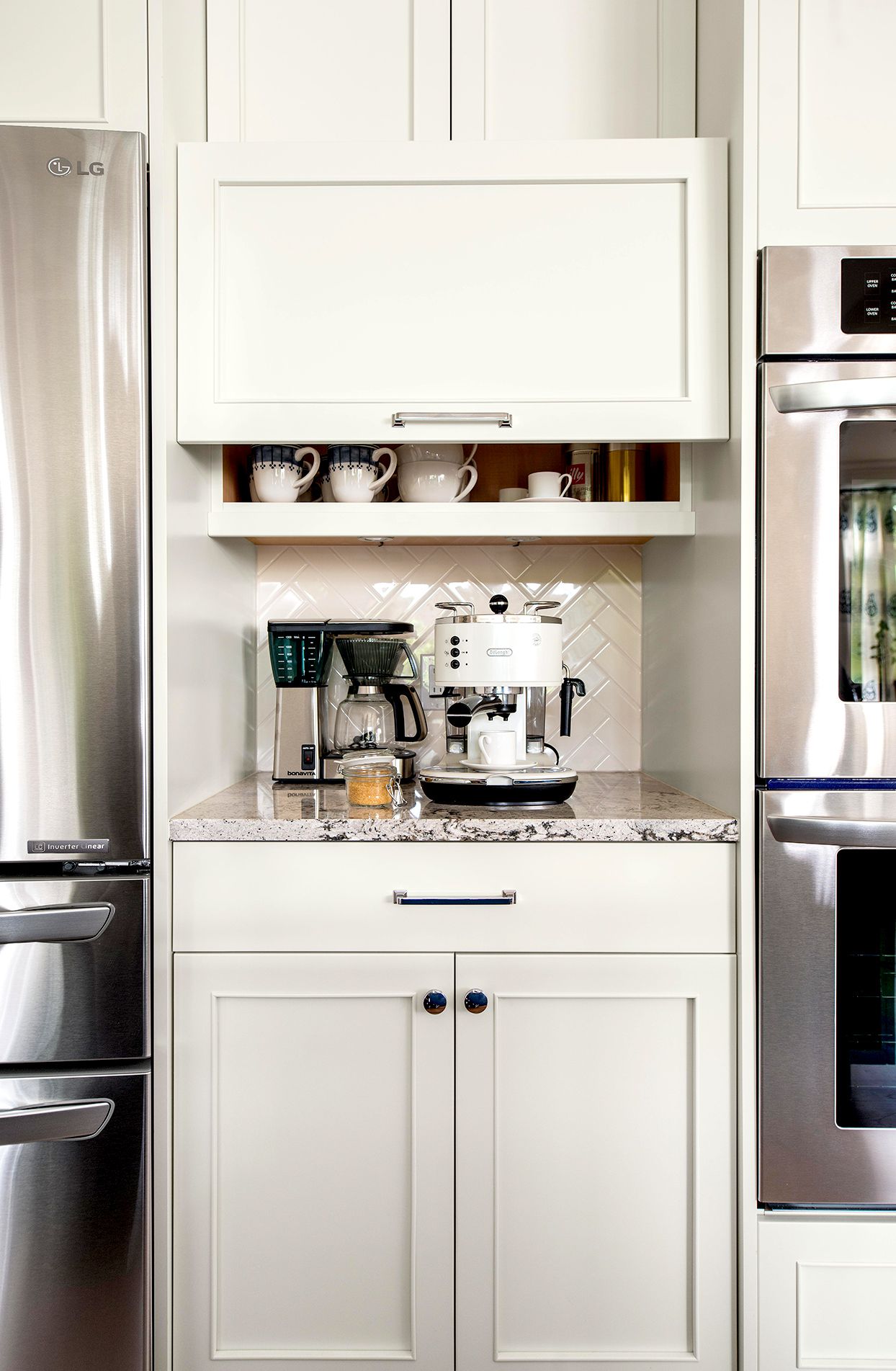 coffee station with lift up appliance garage door