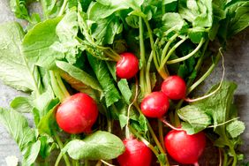 Bunch of radishes with green tops on galvanized tabletop 