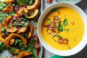 acorn squash soup and roasted slices on sheet pan