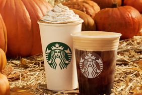 Starbucks Pumpkin Spice Latte and Pumpkin Cream Cold Brew sitting in pumpkin patch