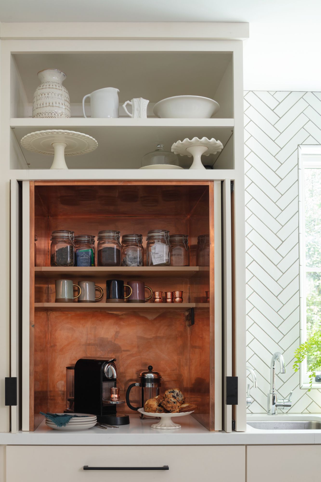 coffee bar inside kitchen cabinet