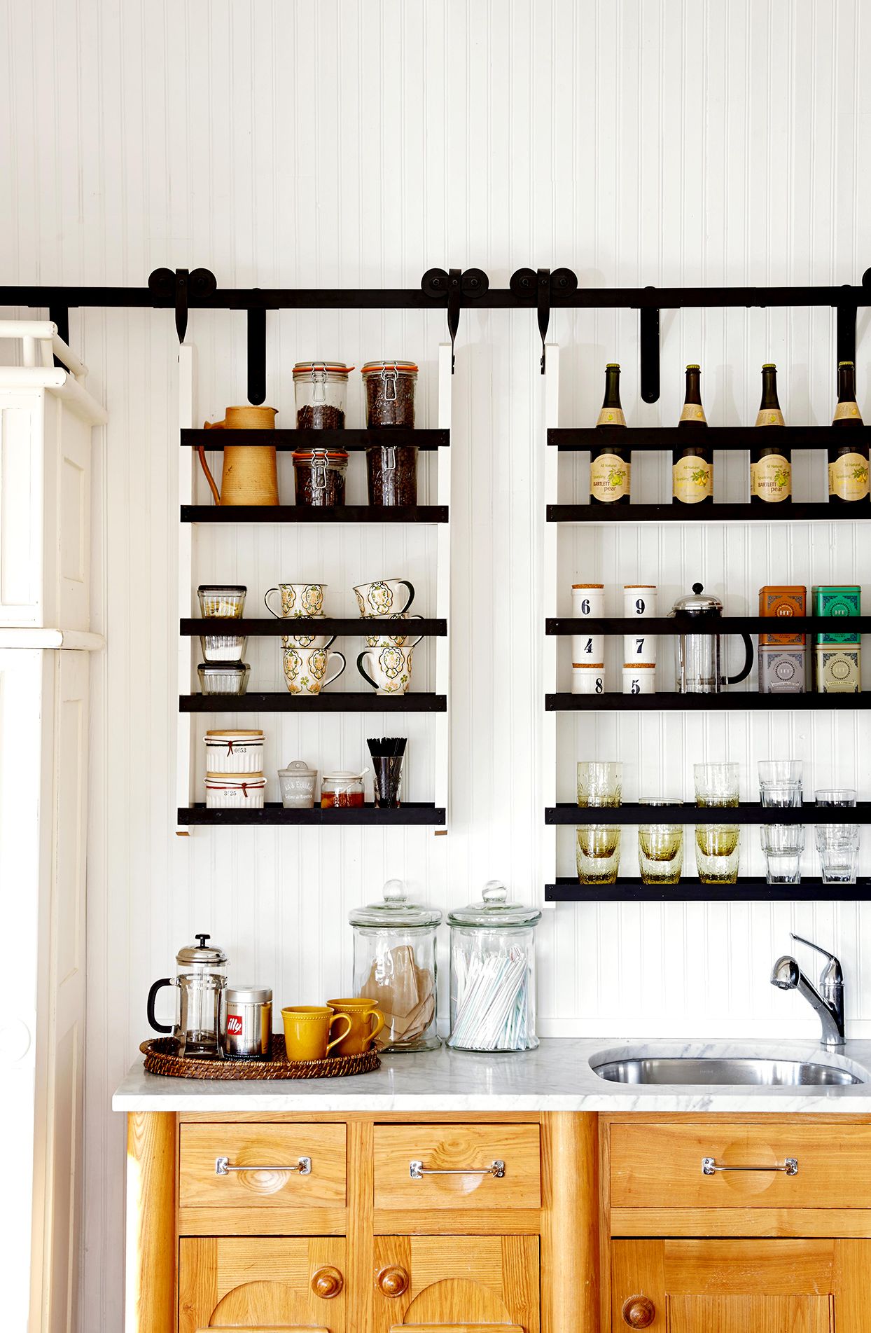 industrial style hanging shelves for coffee station