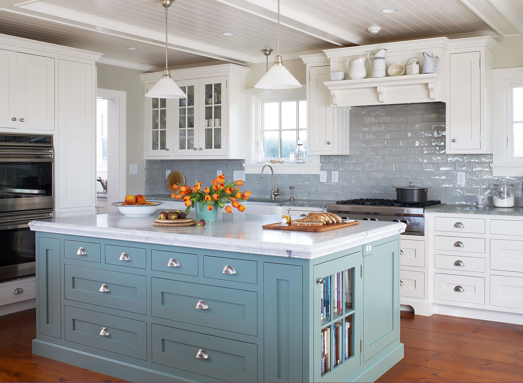 light blue kitchen island