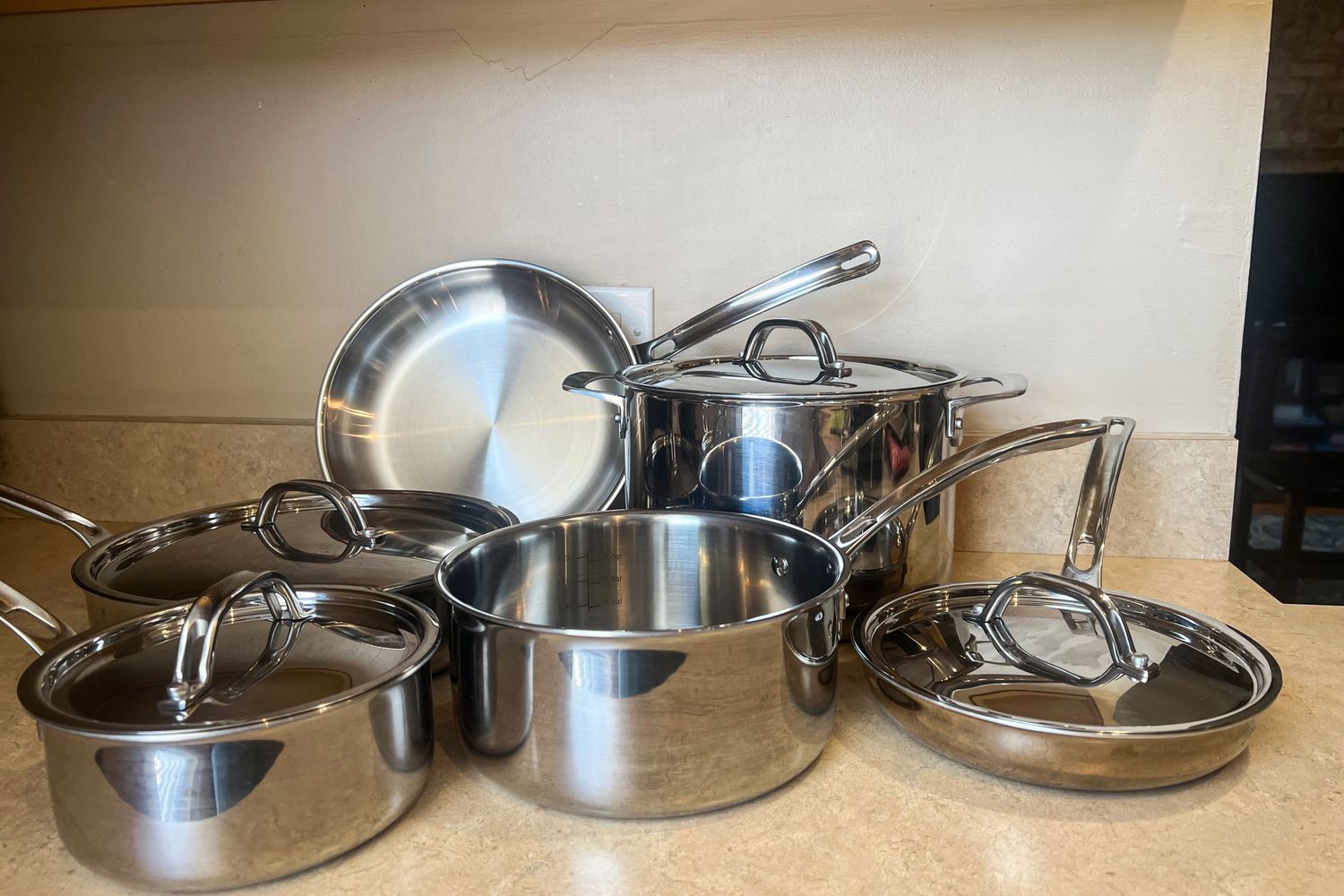 The Viking Culinary 3-Ply Stainless Steel Cookware Set on a kitchen countertop