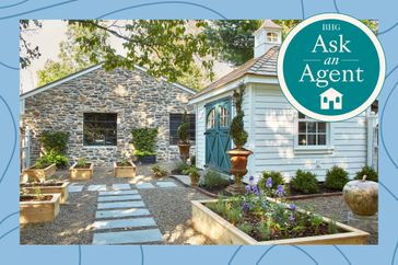 Ask an Agent swirly blue treatment around a cottage style home and backyard