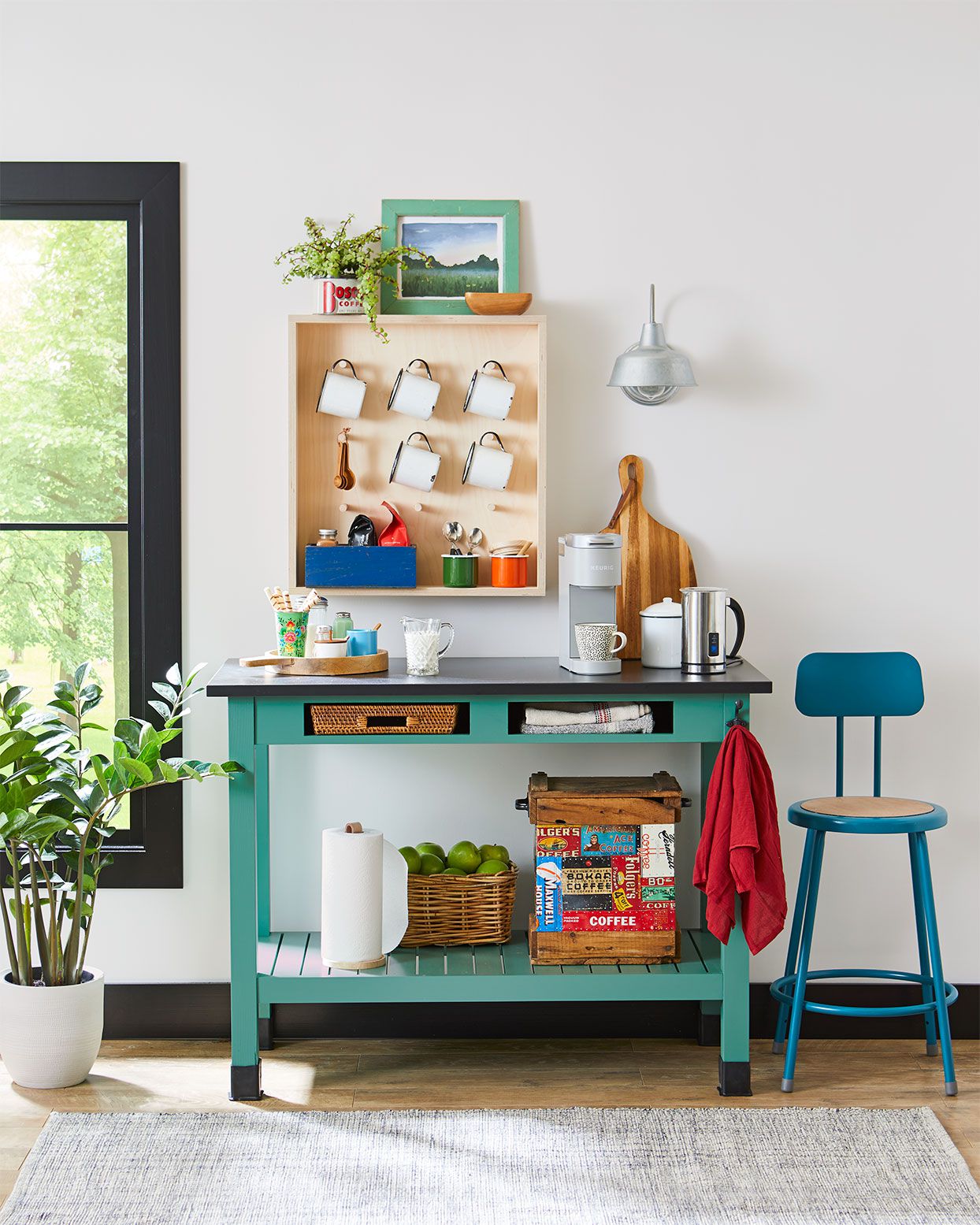 diy home coffee station with table and hanging mug rack