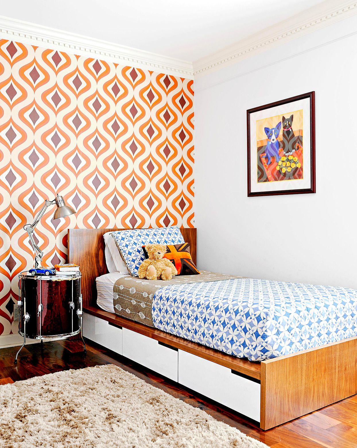 Bedroom with geometric wallpaper and drum