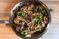 An overhead view of food cooked in the Made In Small Spaces 3 Piece Cookware Set pan